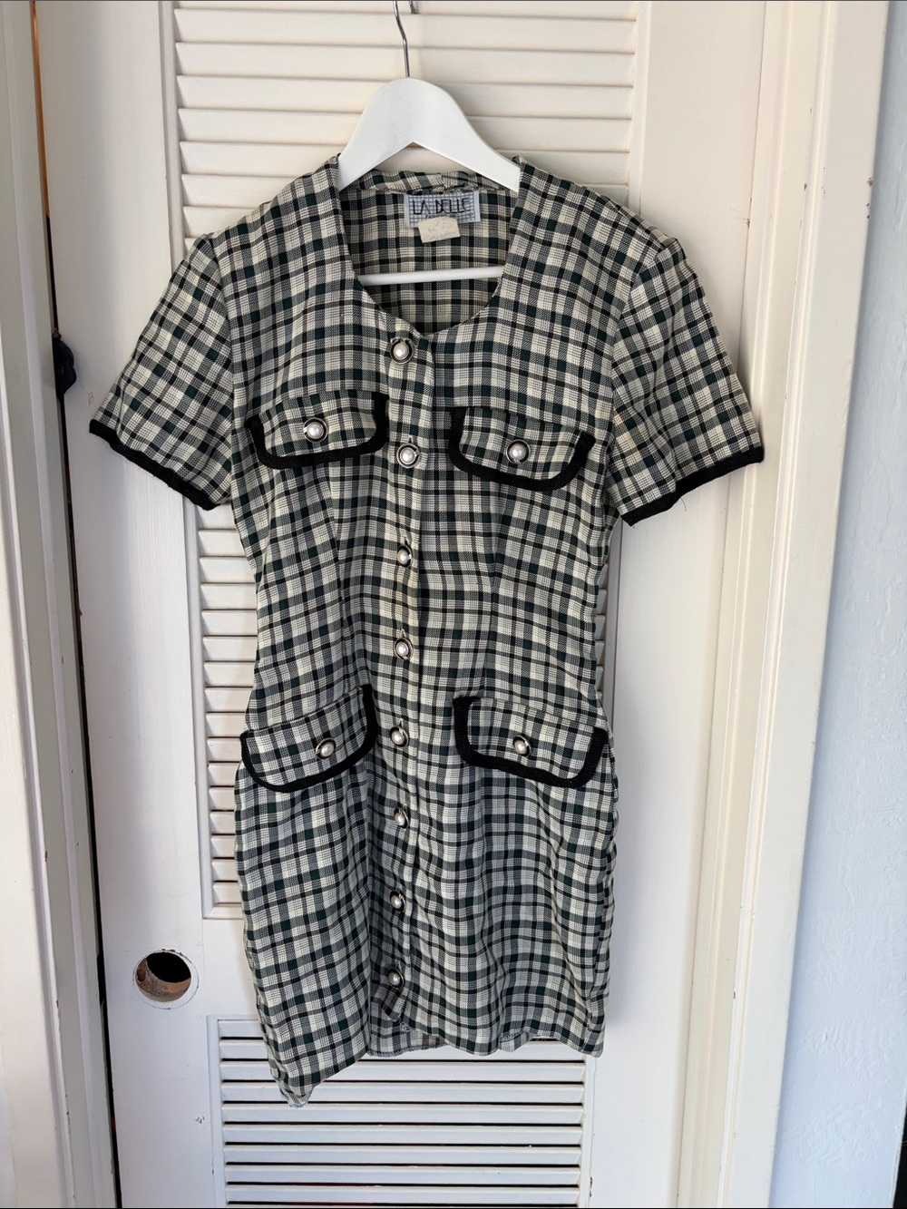 La Belle Black & Cream Checked Mini Dress with Pocket Flaps